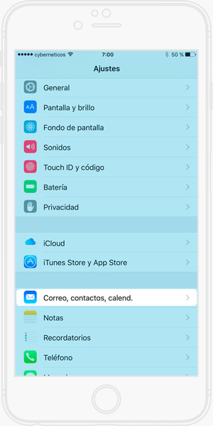 Configurar cuenta de correo electrónico iPhone - Seleccionar Correo, contactos, calend.