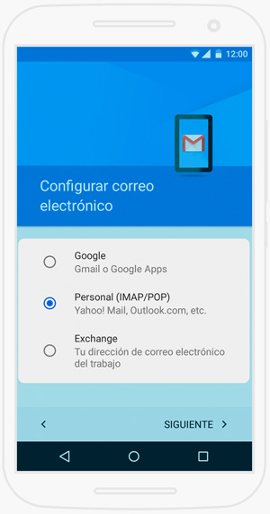 Configurar cuenta de correo electrónico en Android - Seleccionar IMAP