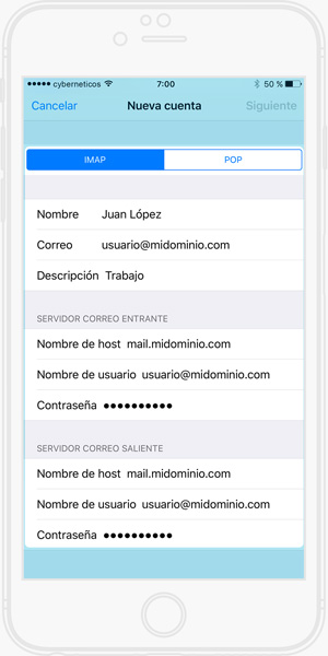 Configurar cuenta de correo electrónico iPhone - Detalles nueva cuenta