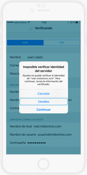 Configurar cuenta de correo electrónico iPhone - Verificar identidad del servidor