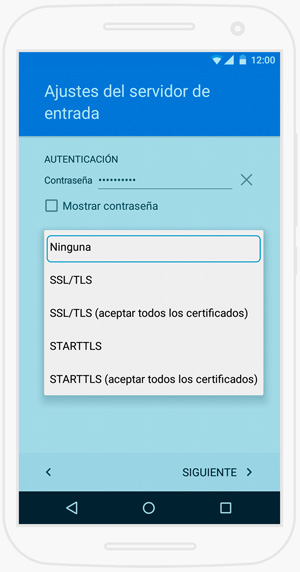 Configurar cuenta de correo electrónico en Android - Ajustes Certificado SSL