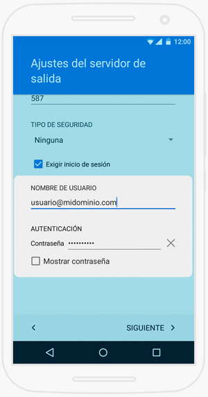 Configurar cuenta de correo electrónico en Android - Ajustes servidor salida
