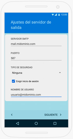 Configurar cuenta de correo electrónico en Android - Ajustes Servidor Salida