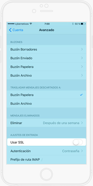 Configurar cuenta de correo electrónico iPhone - Configuración complementaria